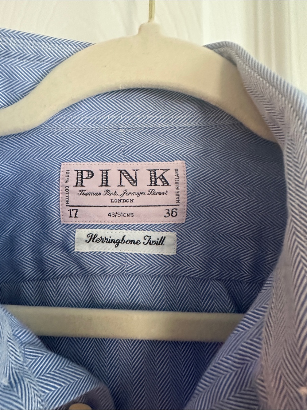 Thomas Pink Ireland Dress Shirt 17 36 XL Blue Herringbone Twill